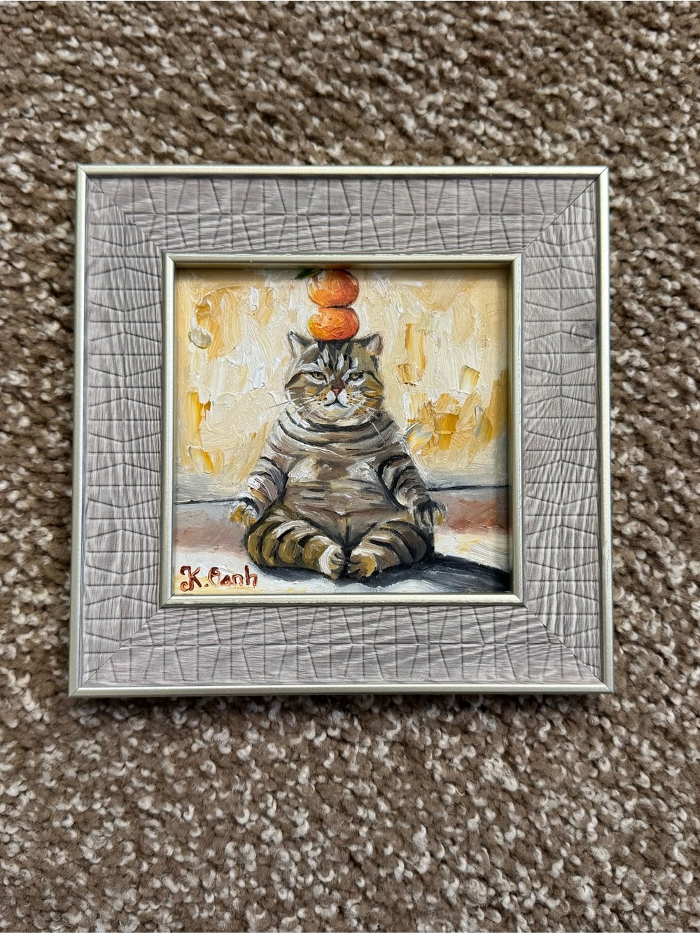 Original oil painting tabby cat doing yoga signed framed 4x4 inches - Picture 4 of 5
